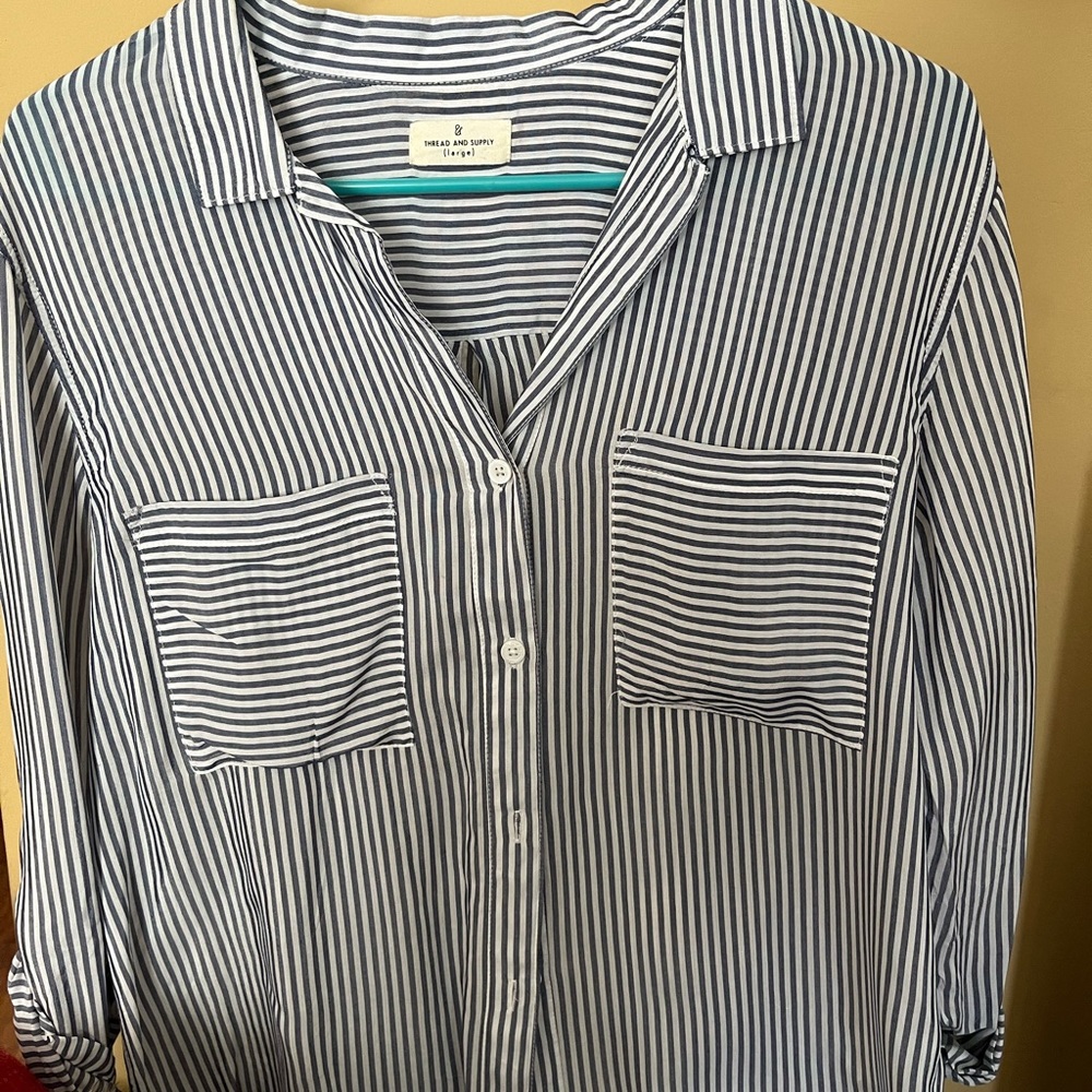 Thread And Supply Navy Blue And White Striped Button Down Long Sleeve Shirt